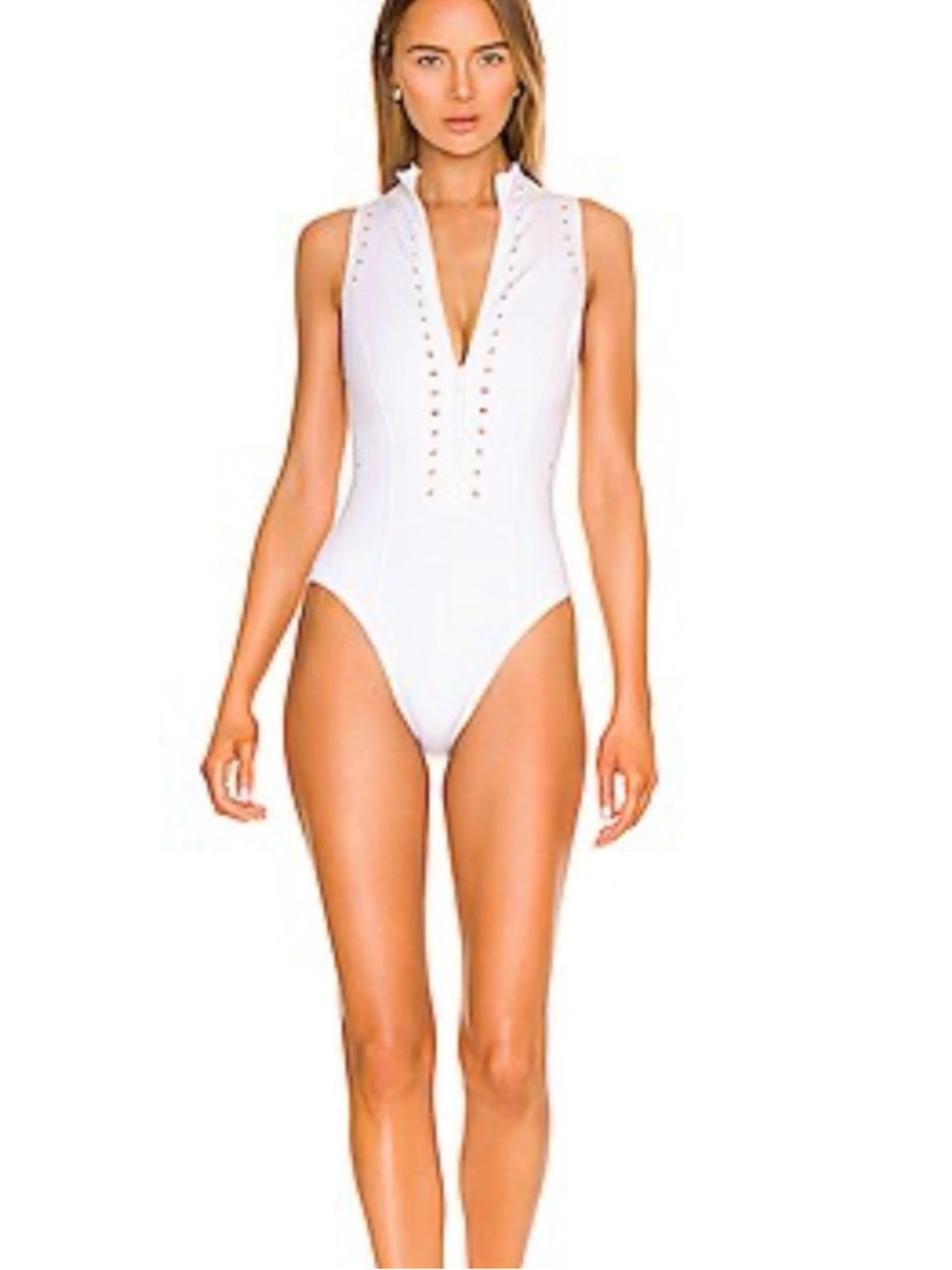 GIGI C Mathilda White Plunge One-Piece Luxury Swimsuit with laser cut outs